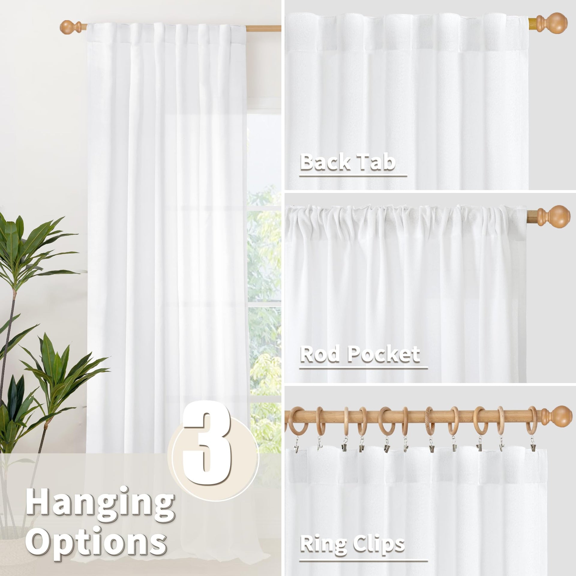 White Linen Curtains 52 X 63 Inch Length 2 Panels for Living Room (2 Count)