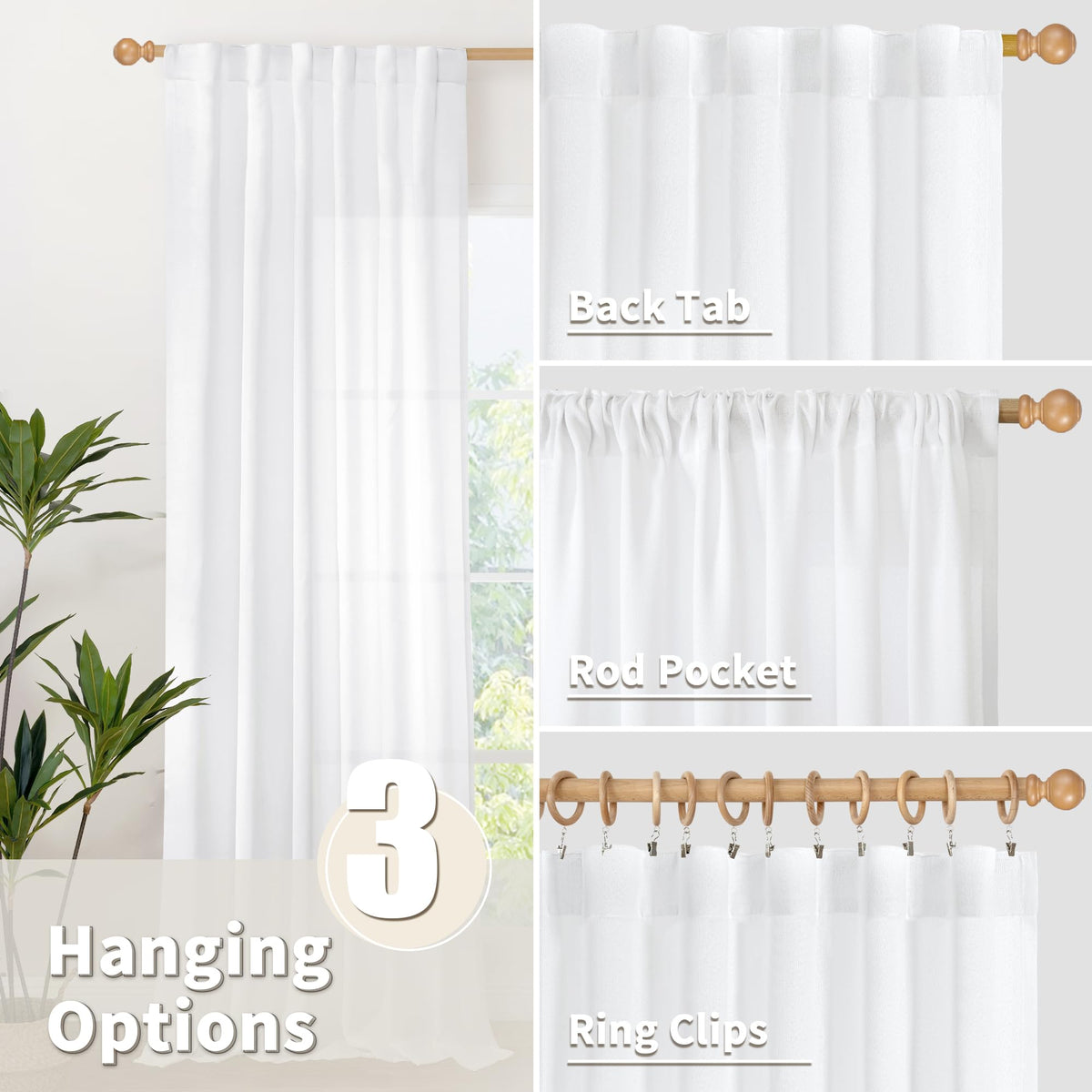 White Linen Curtains 63 Inch Length for Short Living Room Window (2 Count)
