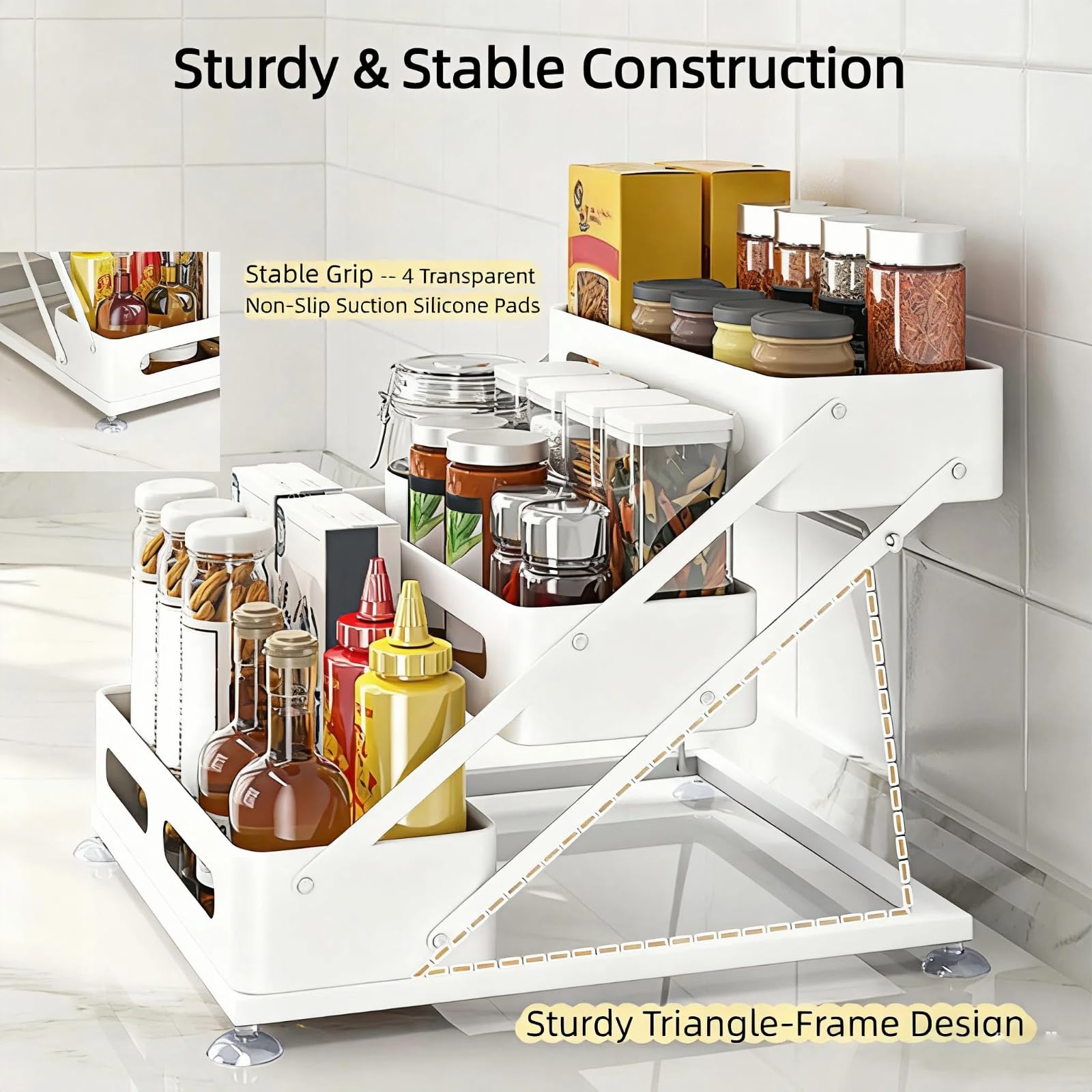 Spice Rack 3 Tier Foldable Seasoning Organizer Jars Storage Holder Step Shelf for Cabinet Kitchen Countertop Pantry Coffee Bar White