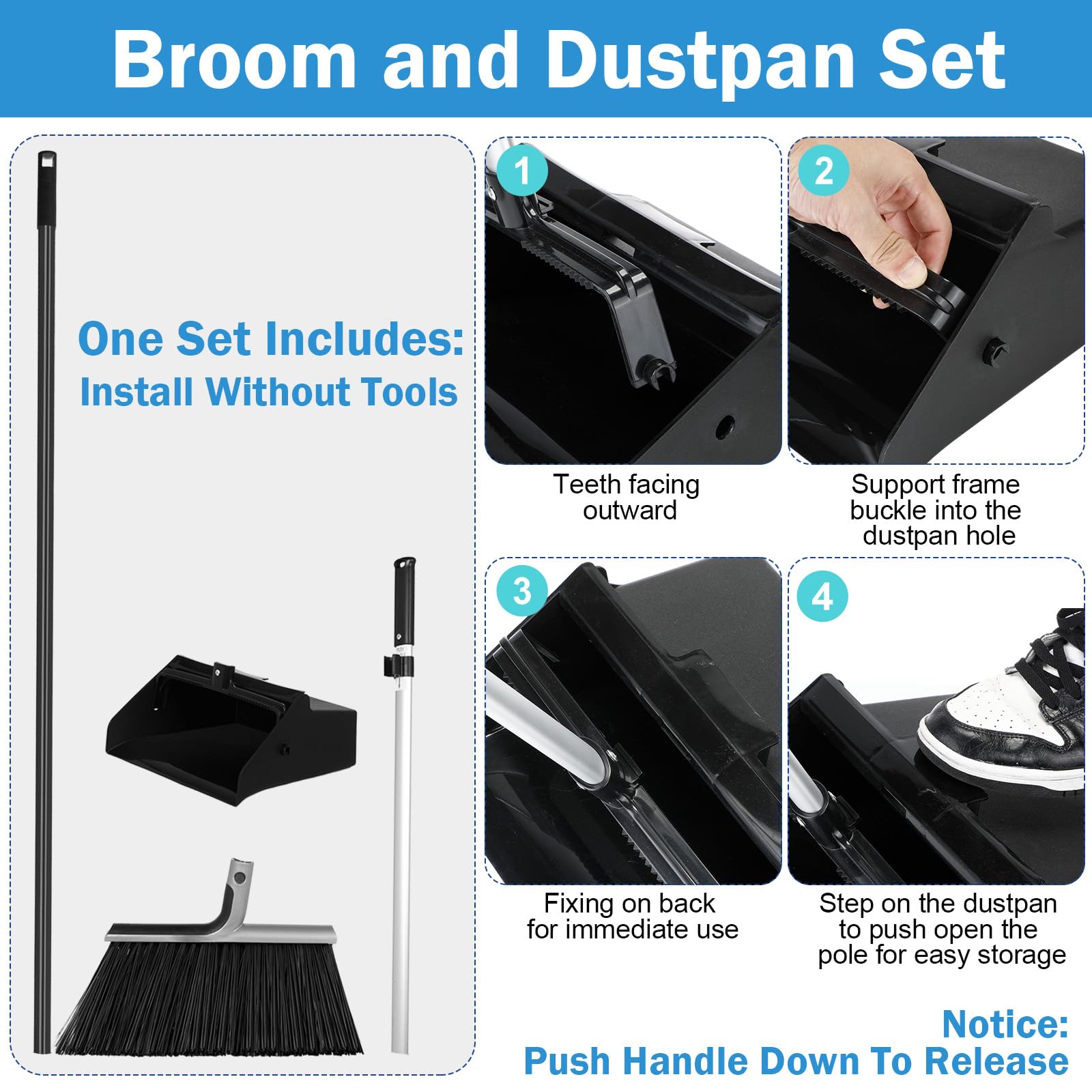 4 Pack Commercial Broom and Dustpan Combo Set 53.15"