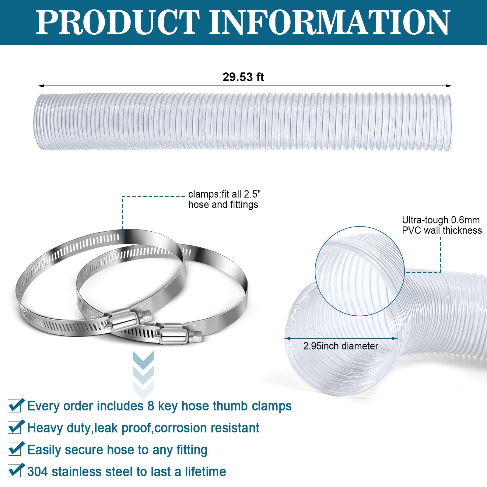 3 Inches 30 ft PVC Dust Collection Hose with Stainless Steel Hose Clamps Set Flexible Clear Vacuum Hose Puncture Resistant Fume Hose for Vacuums Cleaner Fume Dust Collection System