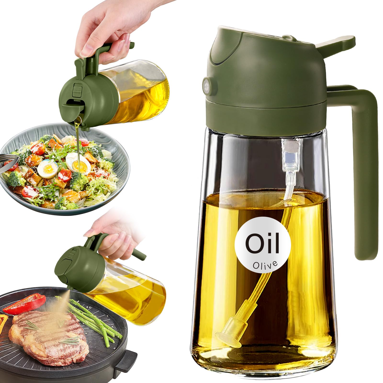 16 oz 2-in-1 Glass Olive Oil Sprayer for Cooking, OliveGreen