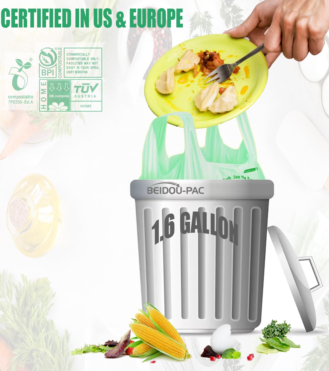 1.6 Gallon Compostable Trash Bags with Handle (250 Count)