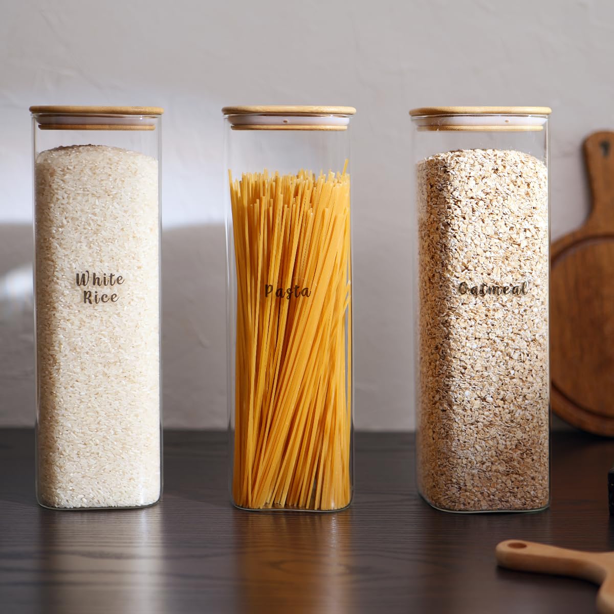 3 Pcs Square Glass Pantry Storage Containers with Bamboo Airtight Lid and 248 Clear Pantry Labels Preprinted