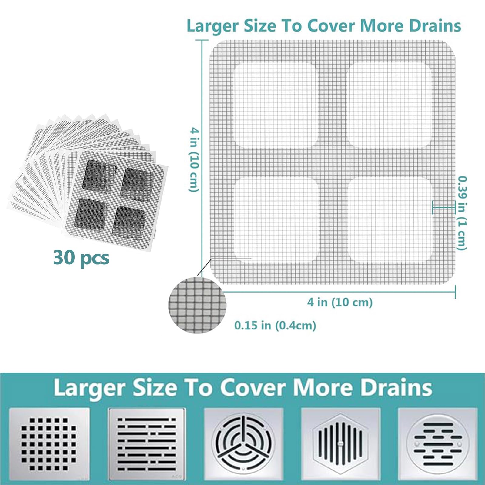 30pcs Disposable Shower Drain Hair Catcher Screen Sticker 4" X 4" Square Floor Drain Strainer Mesh Filter Cover for Bathroom Laundry Tub Bathtub Sink for Human Pet Sewer Bulk Blocking (30 Count)