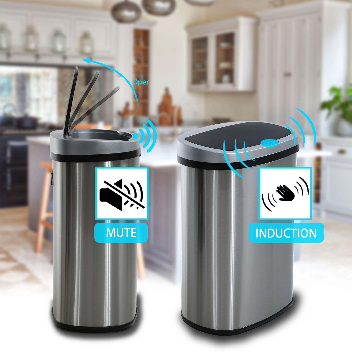 Trash Can Automatic Waste Bin Mute Metal Garbage Can with Lid Stainless Steel 13 Gallon 50 Liter for Kitchen