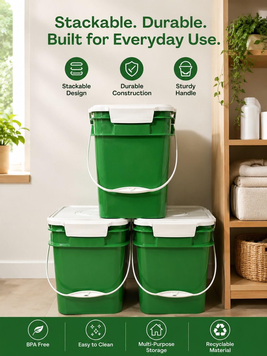 4 Gallon Square Food Grade Bucket Pail with Plastic Handles and Lid
