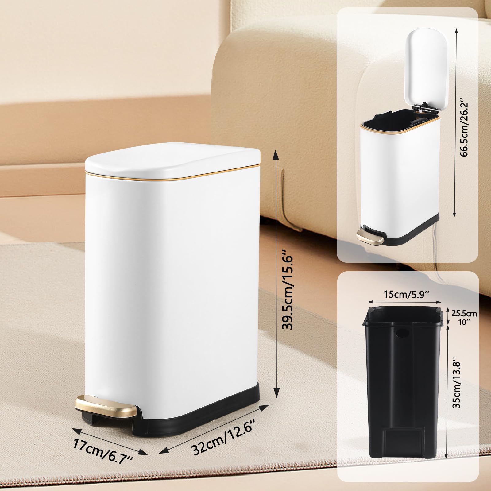 Bathroom Trash Can with Soft Close Lid 3.5 Gallon Matte White