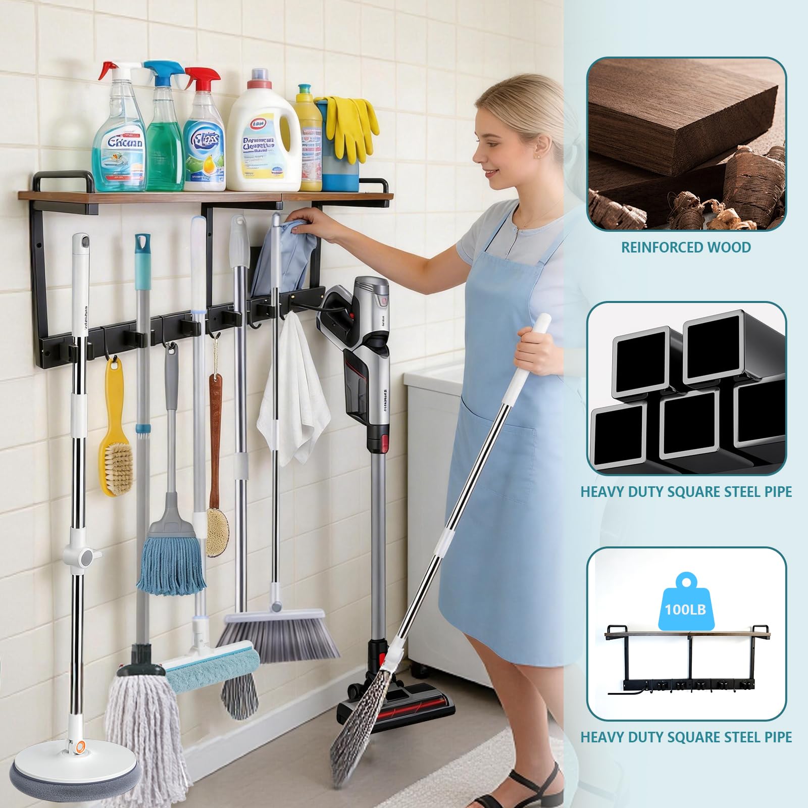 Broom Holder Wall Mount With Cleaning Supplies Organizer Shelf Broom And Mop Organizer Wall Hanging With Vacuum Holder Wall Mount