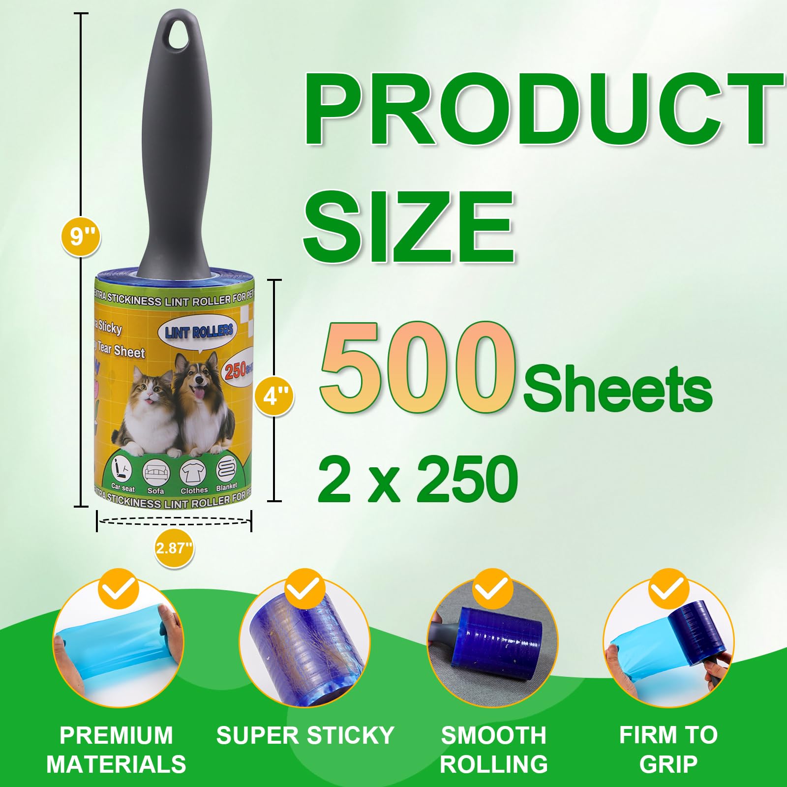 Lint Roller for Pet Hair 500 Sheets Extra Sticky Pet Hair Remover for Clothes Furniture Carpet Cleaner Cars Dogs Travel