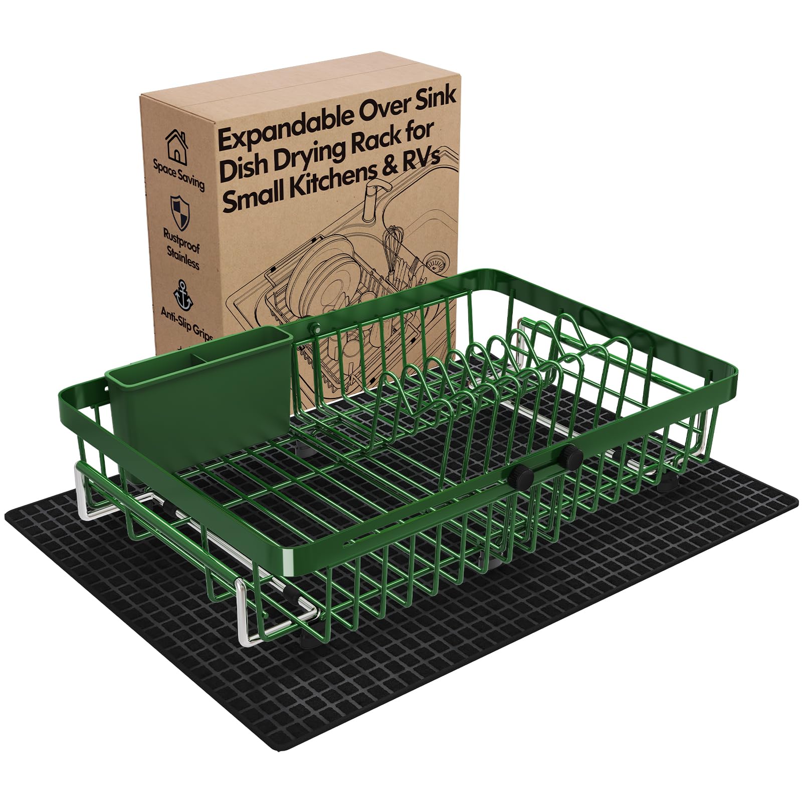 Green Dish Drying Rack Over The Sink with Utensil Holder
