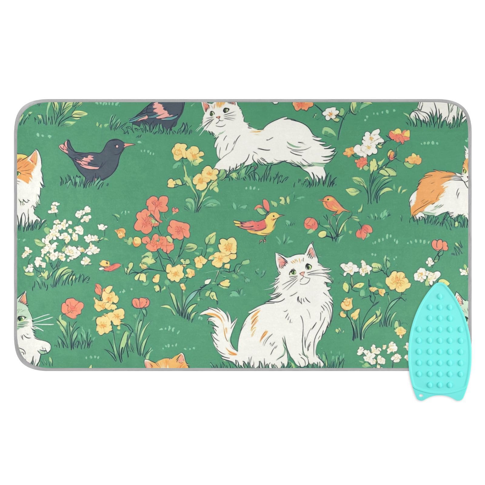 Green Spring Persian Cat and Hummingbird Ironing Mat Portable Ironing Pad Blanket with Silicone Iron Rest for Table Top Travel Heat Resistant Double