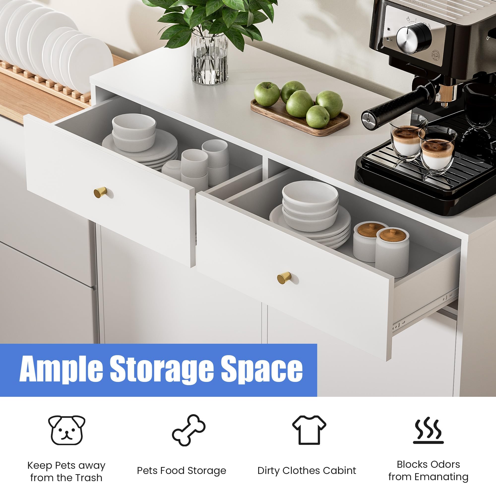 Double Tilt Out Trash Can Cabinet with 2 Drawers
