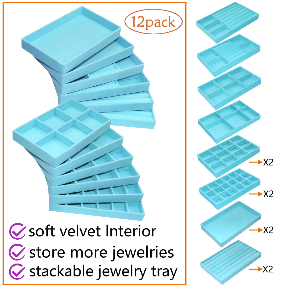 12 Pcs Jewelry Organizer Tray Stackable Velvet Jewelry Tray Earrings Display Case Necklace Earring Box Storage Drawer Bracelet Rings Accessories Trays (12 Count)