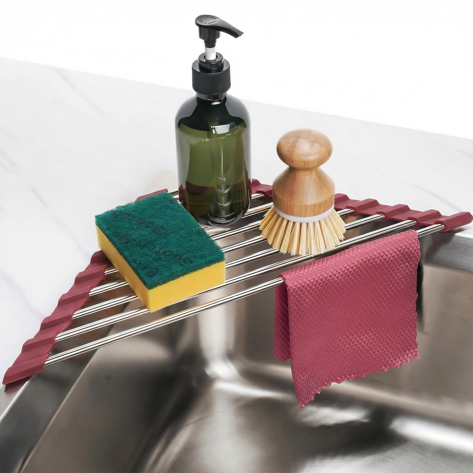 Triangle Roll Up Dish Drying Rack 304 Stainless Steel Wine Red