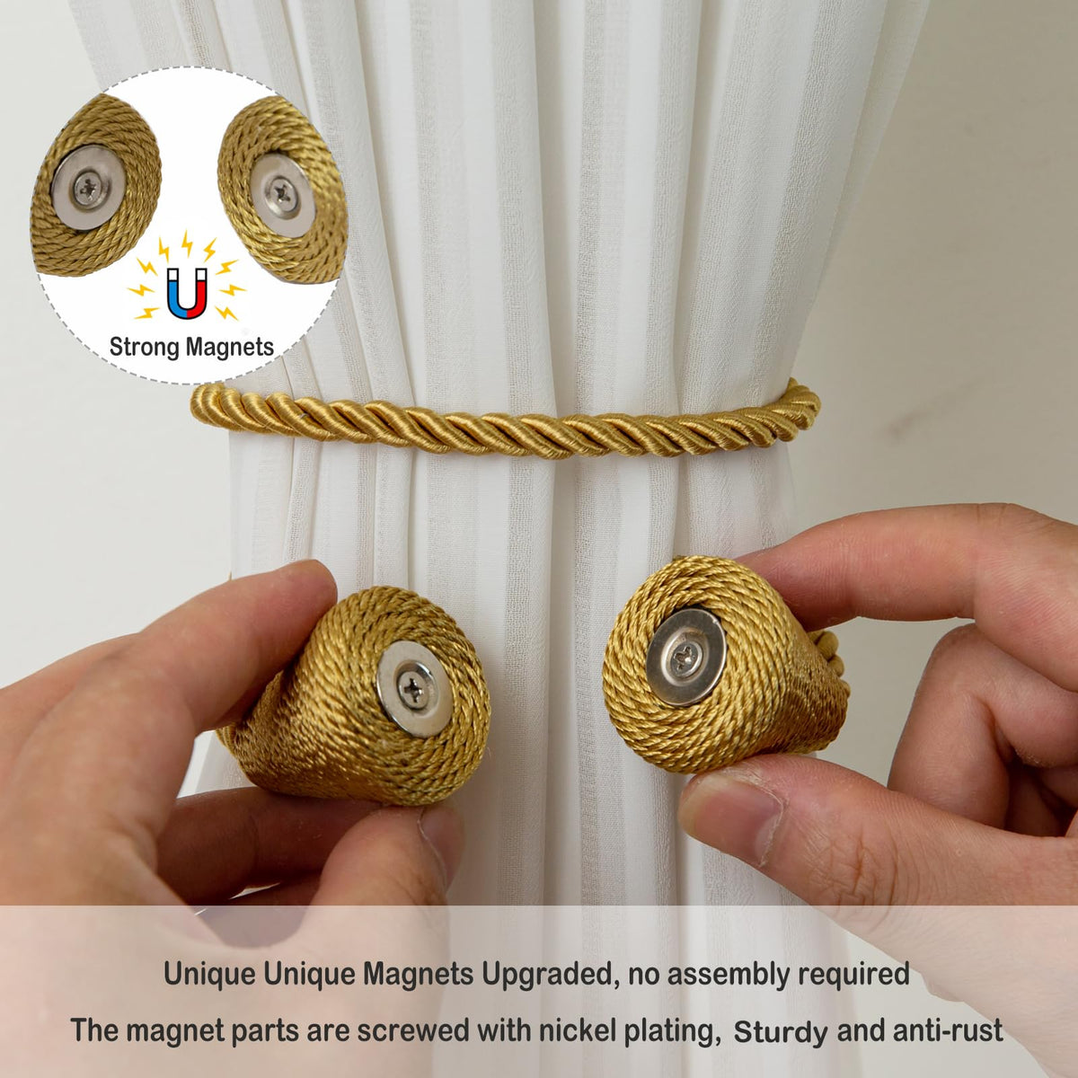 Magnetic Curtain Tiebacks 4 Pack Outdoor Rope Curtain Tie Backs Decorative Window Treatment Holdbacks for Home Decorative Curtain (4 Count)