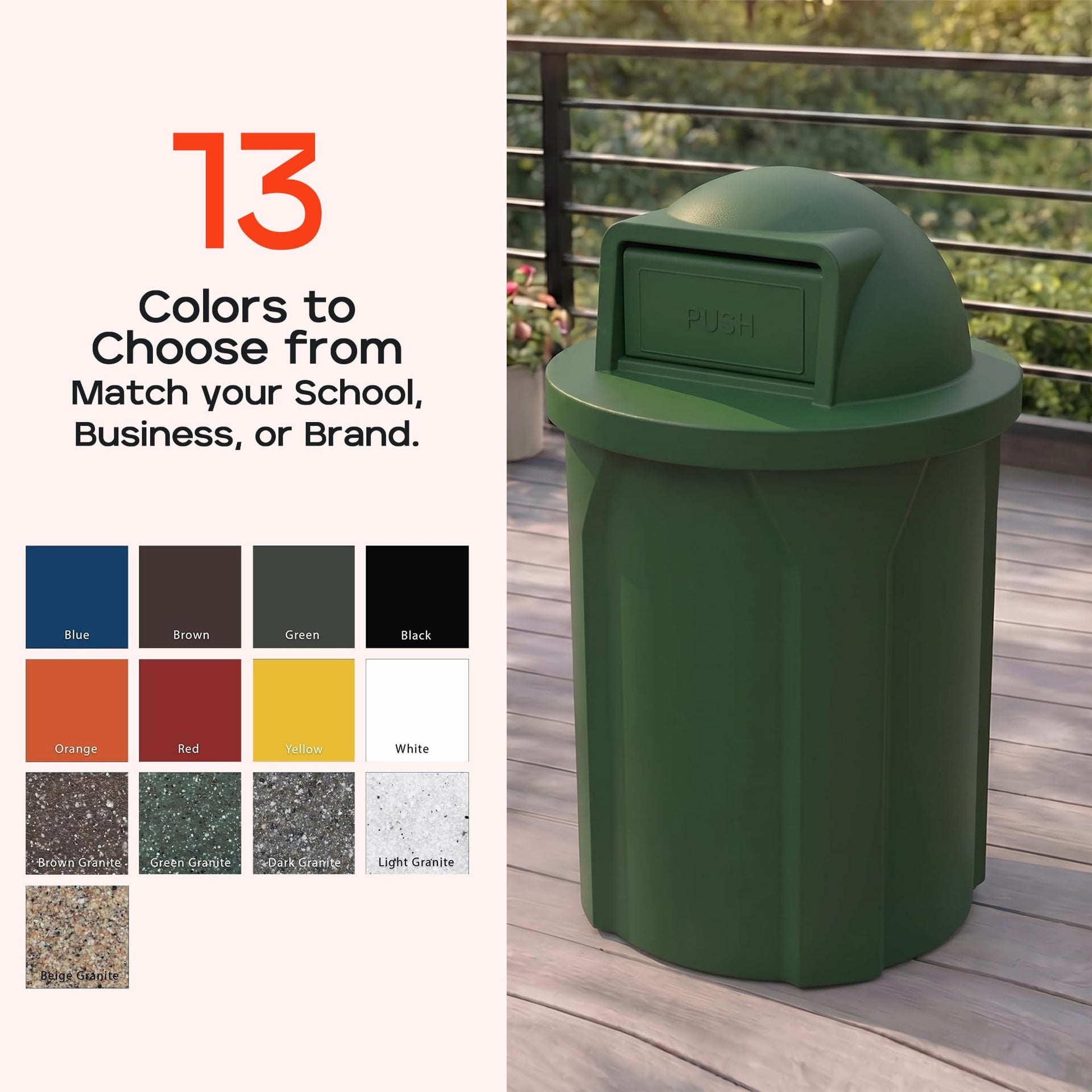 Campus Collection 42 Gallon Plastic Commercial Garbage Can with Push Lid