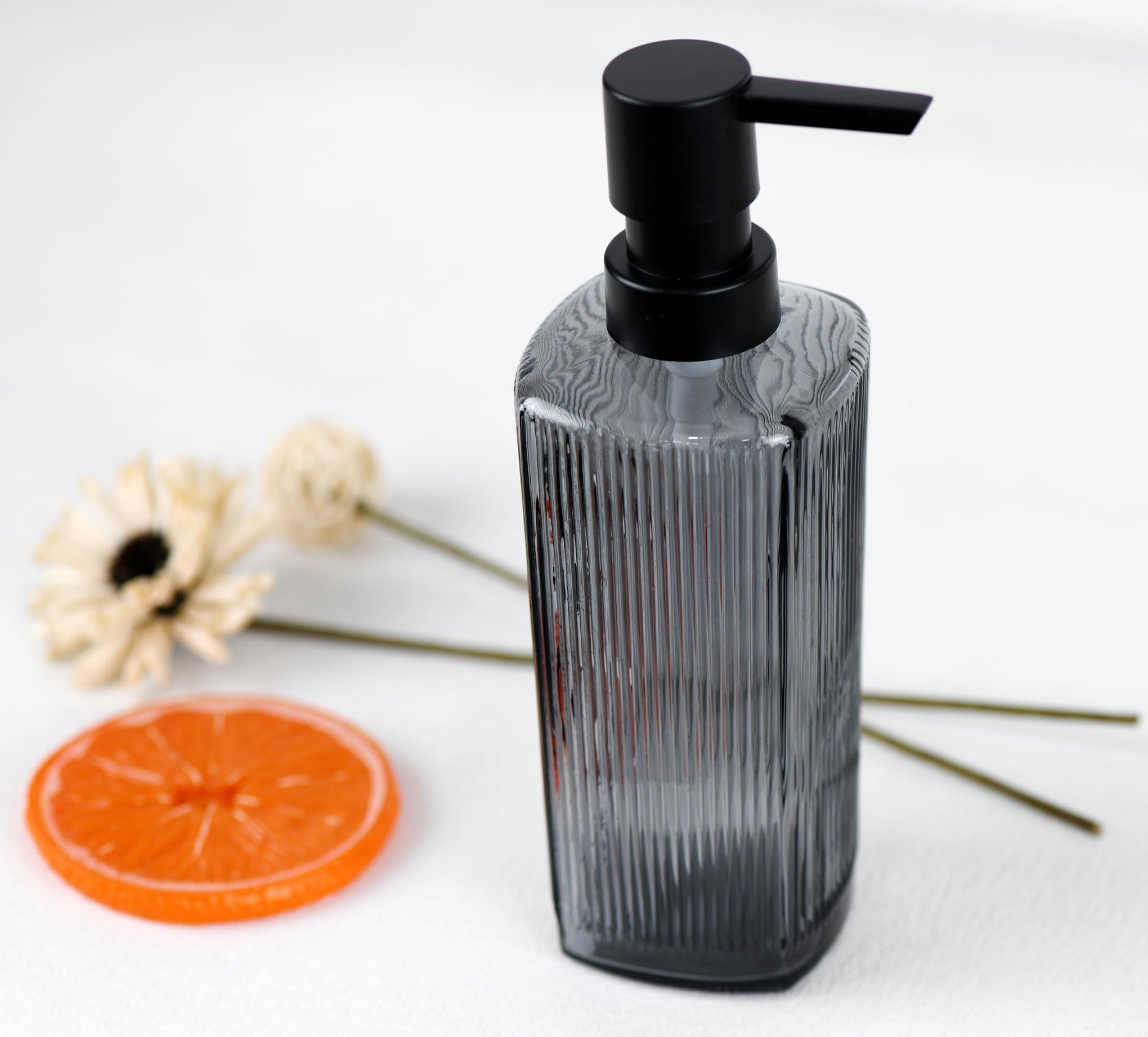 12 oz Glass Soap Dispenser with Vertical Stripe with Black Plastic Rustproof Pump
