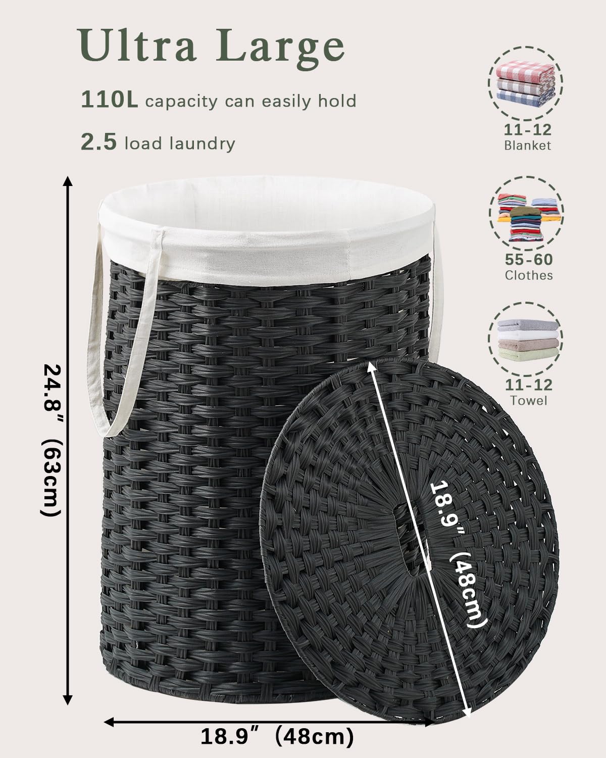 Laundry Basket with Lid Round 29.1 Gal PE Rattan