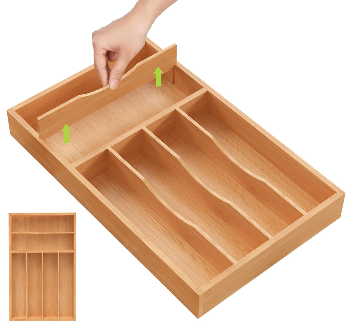 Bamboo Kitchen Silverware Organizer with Removable Divider