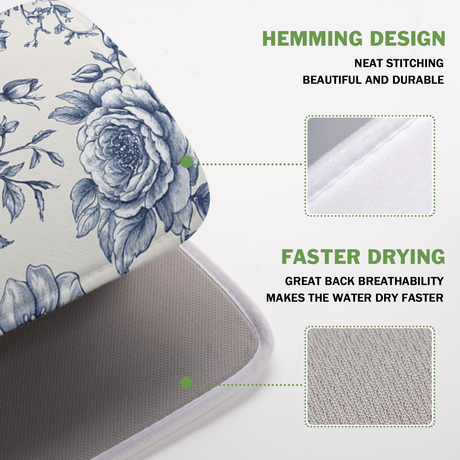 Vintage Floral Dish Drying Mat for Kitchen Counter Blue Floral Chinoiserie Pattern Dish Drying Pad 16x18 In Absorbent French Farmhouse Decor Dishes Drainer Pad Dish Dry Rack Mat for Counter Coffee Bar