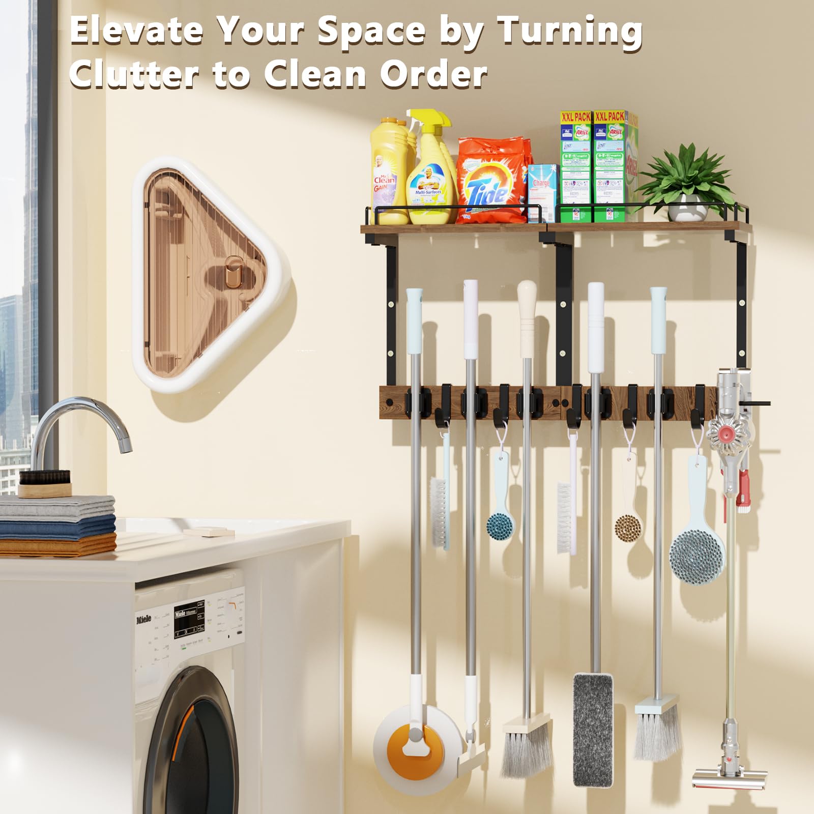 Broom and Mop Organizer Wall Hanging with Cleaning Supplies Organizer