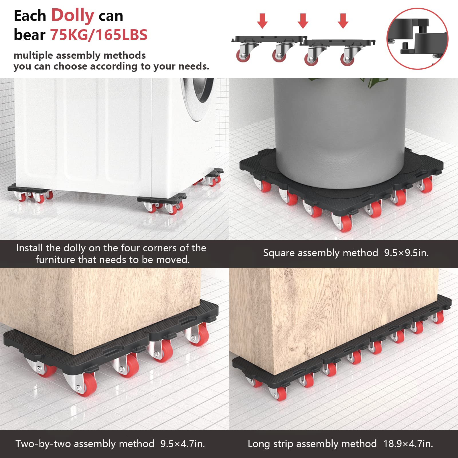 Add on 4Pack Connectable Dolly Furniture Movers with 360° Rotating Wheels (4 Count)