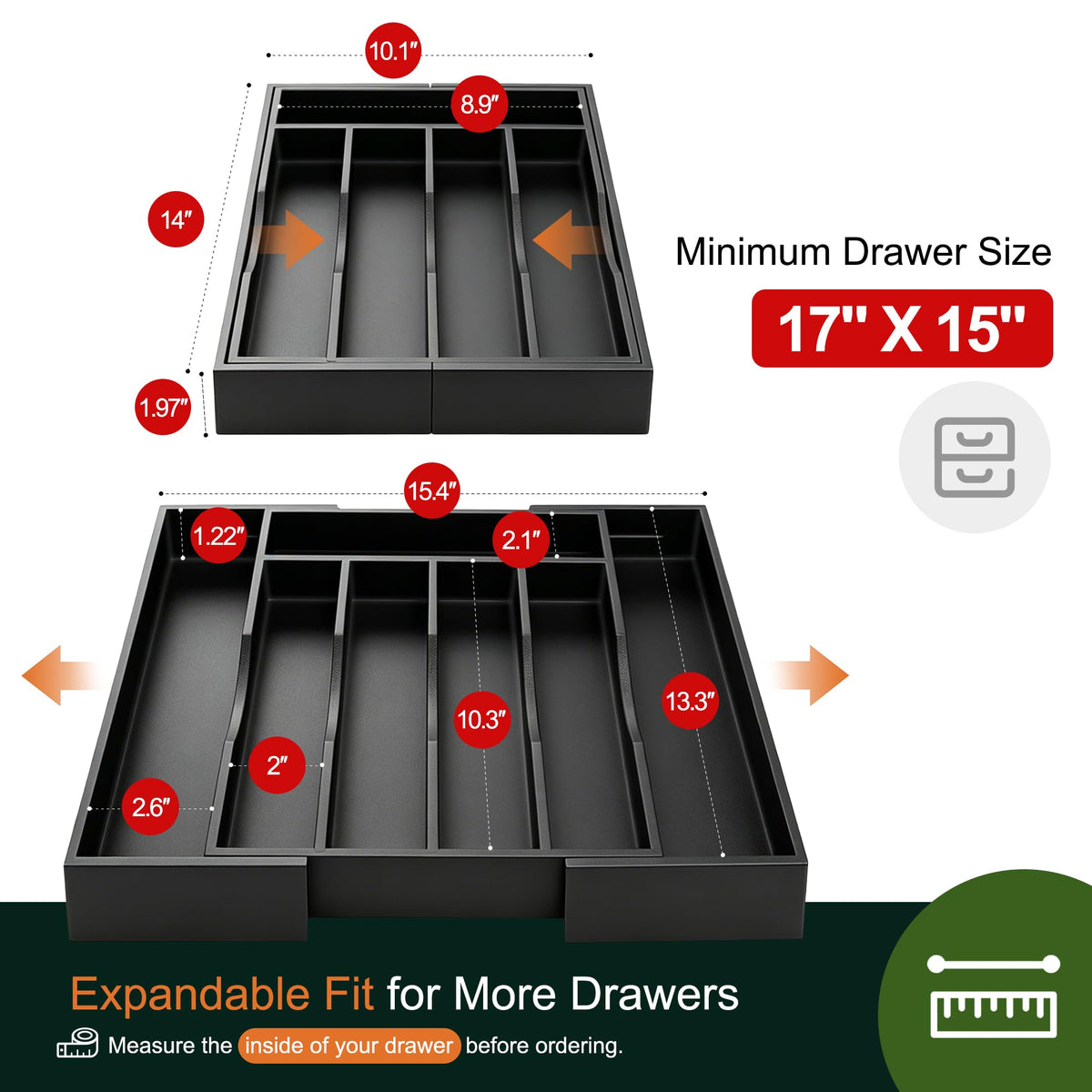 2 Piece Expandable Bamboo Kitchen Drawer Organizer for Cutlery and Utensils (2 Count)