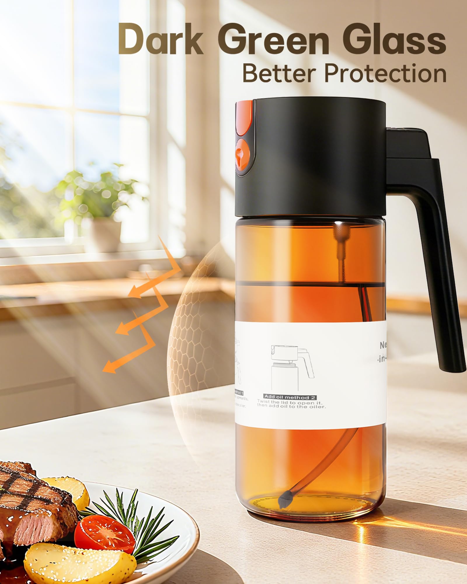 Olive Oil Sprayer & Dispenser Bottle for Cooking 17oz Dark Glass Oil Mister