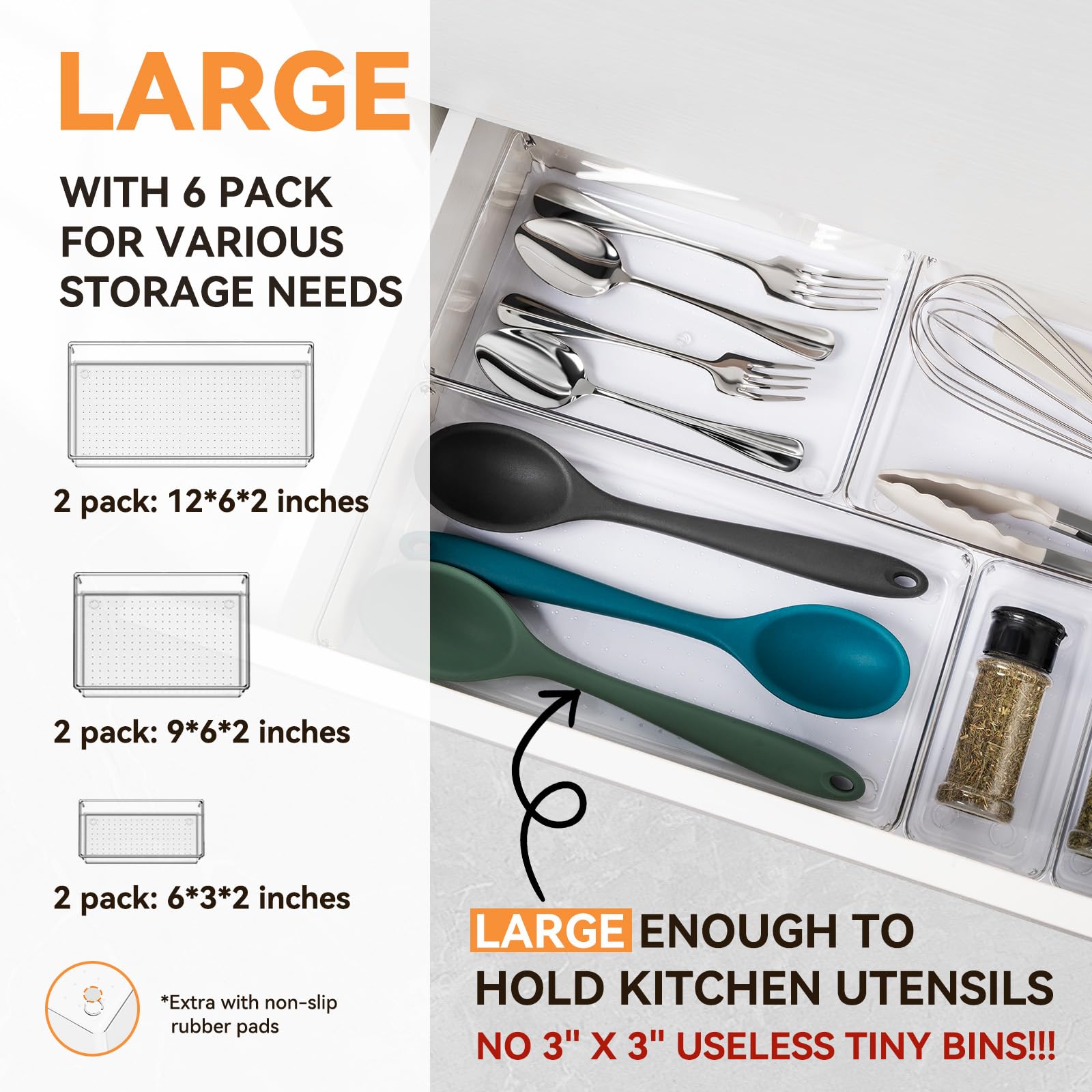 6 Pack Large Clear Plastic Drawer Organizer Trays (6 Count)