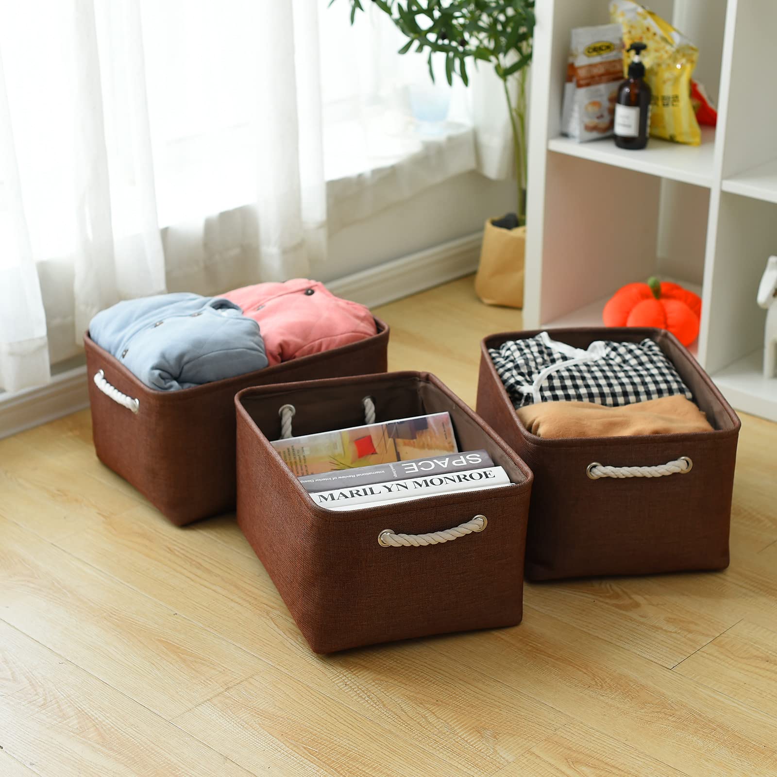 Decorative Basket Rectangular Fabric Storage Bin Organizer Basket with Handles for Clothes Storage (3 Count)