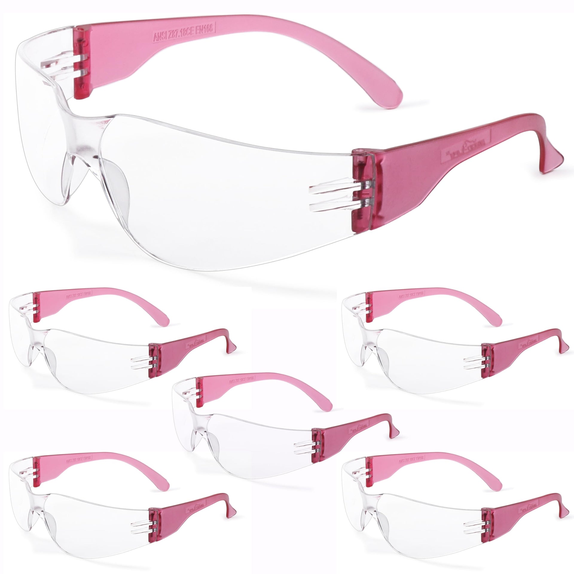 Clear Lens Pink Temple Safety Glasses Bulk 6 Pack (6 Count)
