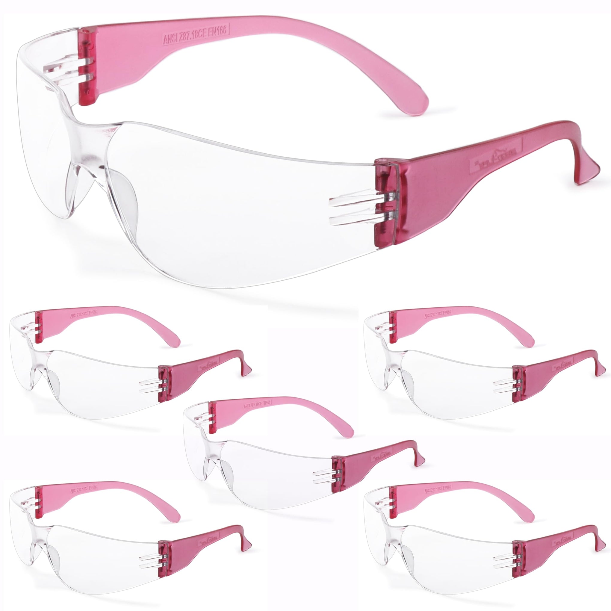 Clear Lens Pink Temple Safety Glasses Bulk 6 Pack (6 Count)