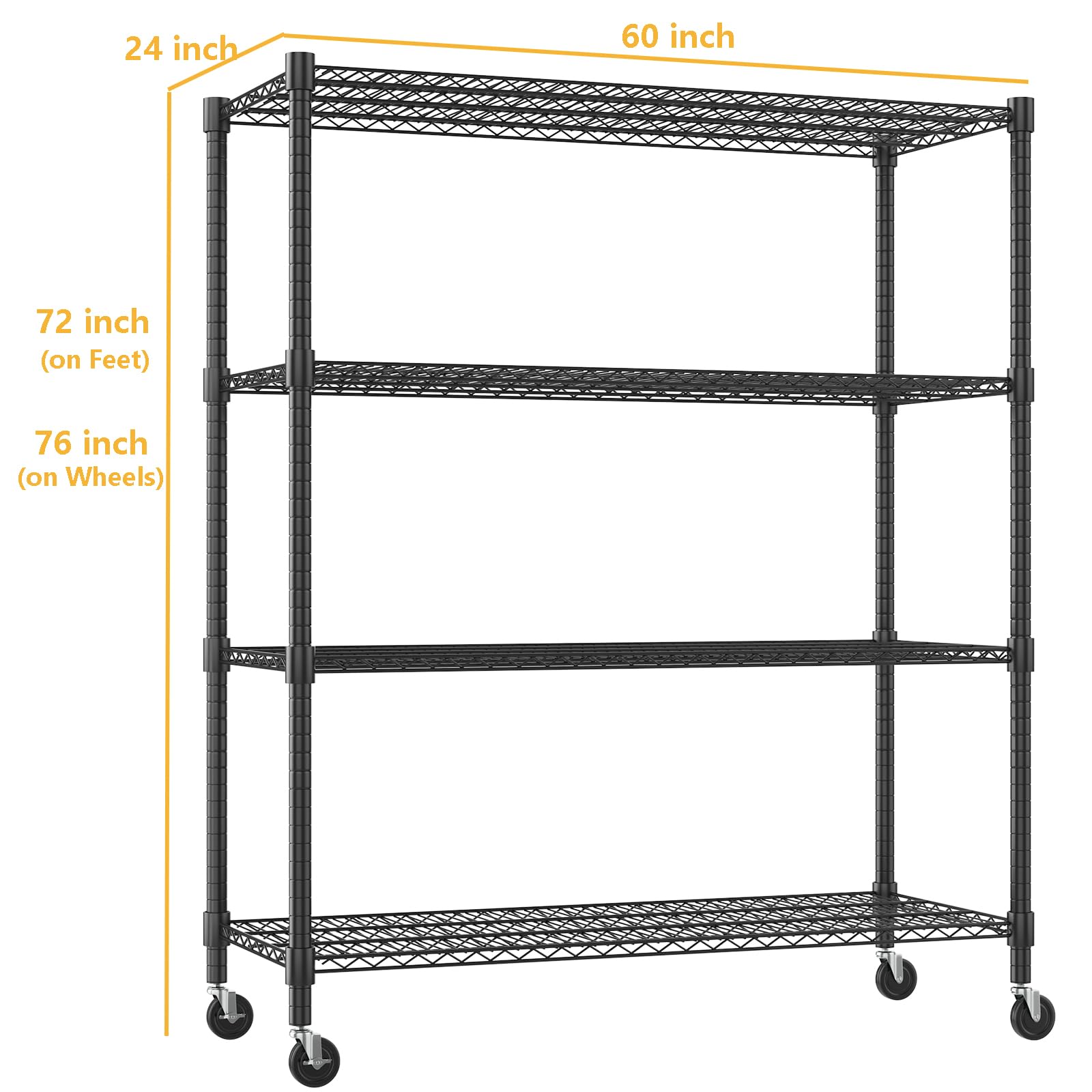 Storage Shelves 60" W Wire Shelving with Wheels 2600LBS Heavy Duty Metal Shelves for Storage