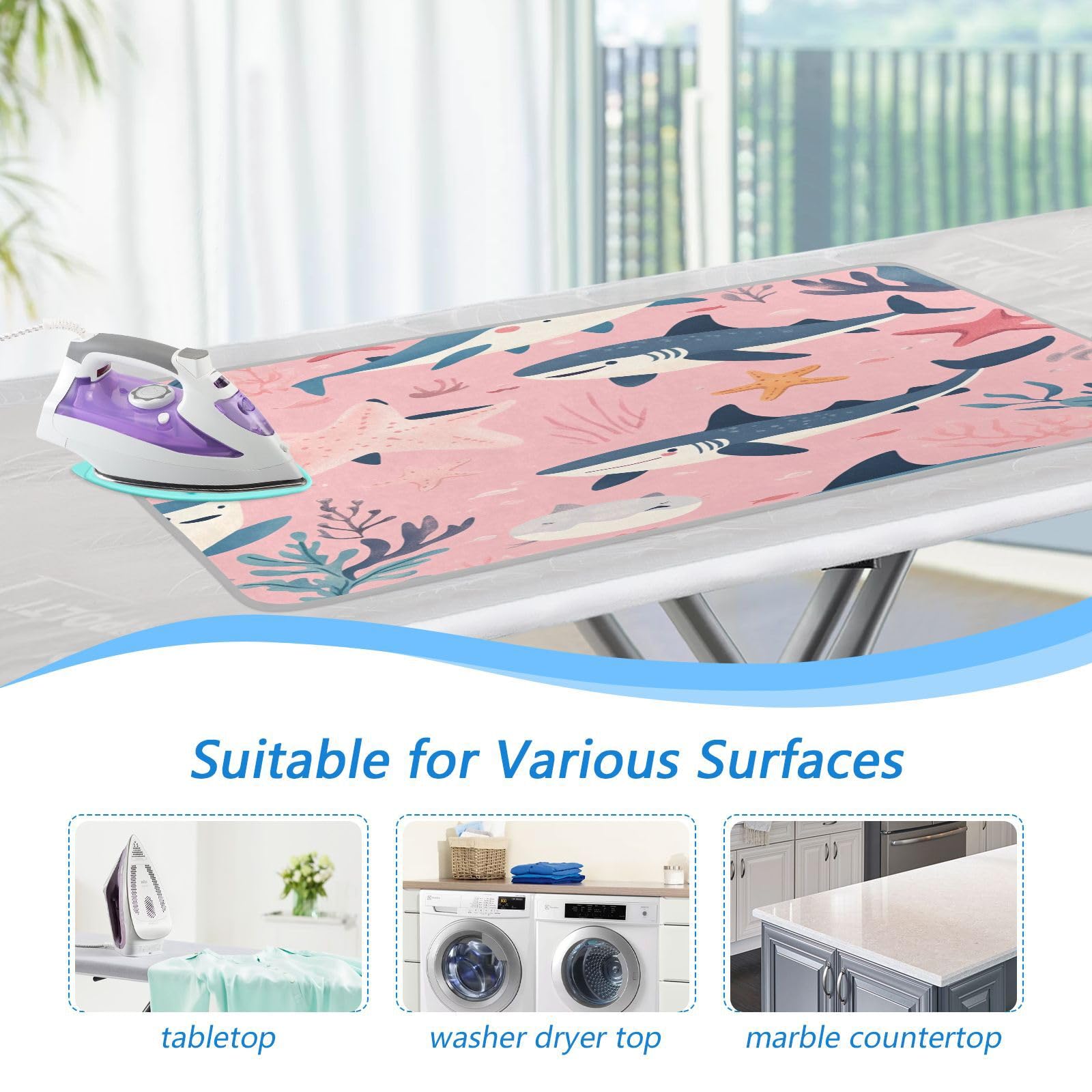 Pink Sharks Starfish and Seaweeds Ironing Mat Thickened Ironing Blanket Travel Portable Double