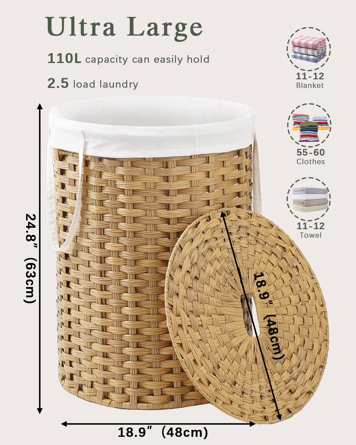Laundry Basket with Lid Round 29.1 Gal PE Rattan