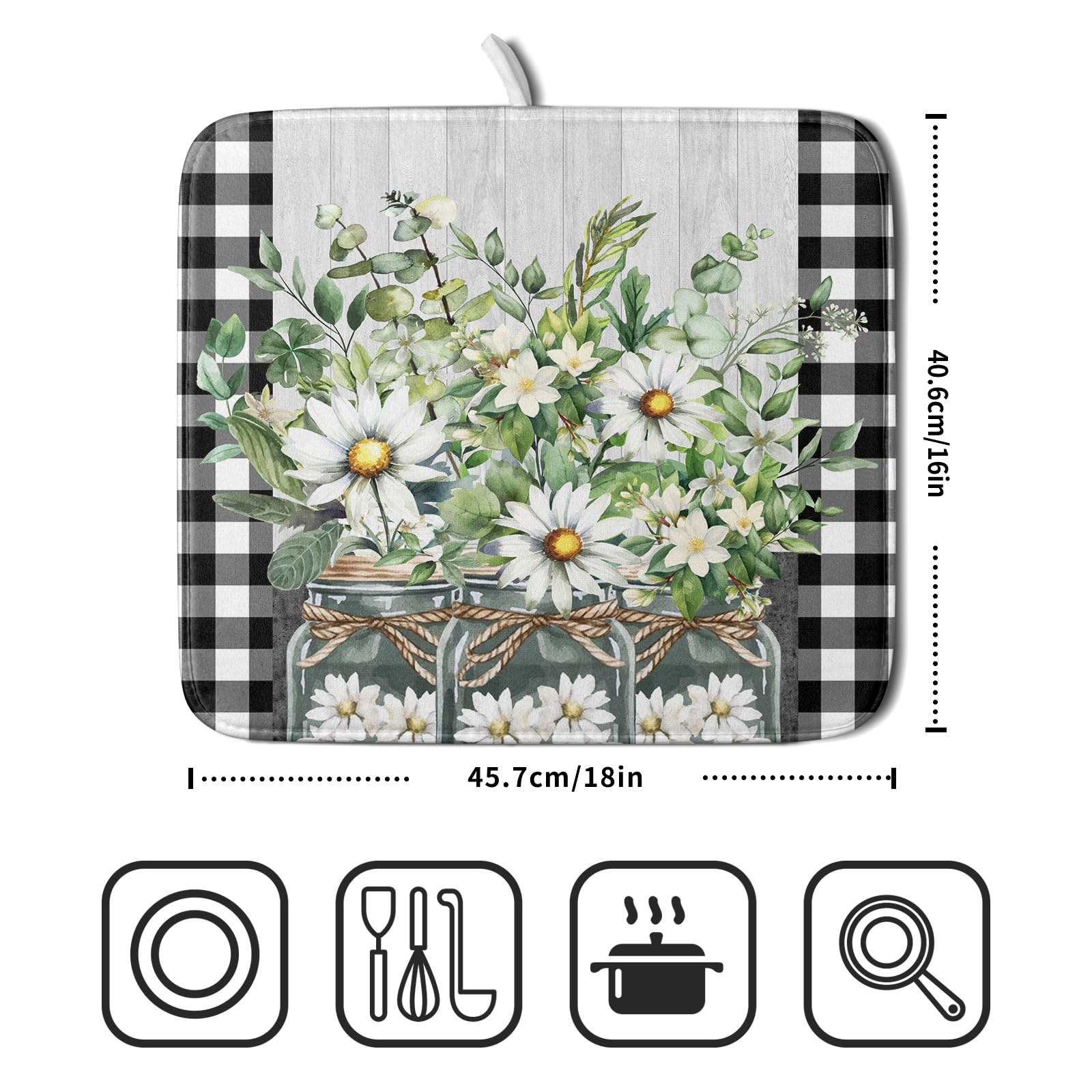 Spring Summer White Daisy Flowers Dish Drying Mat for Kitchen Counter Daisy Spring Flowers Dish Drying Mat 16x18 Inch Absorbent Reversible Microfiber Protector Drainer Mat Dishes Pad for Countertops