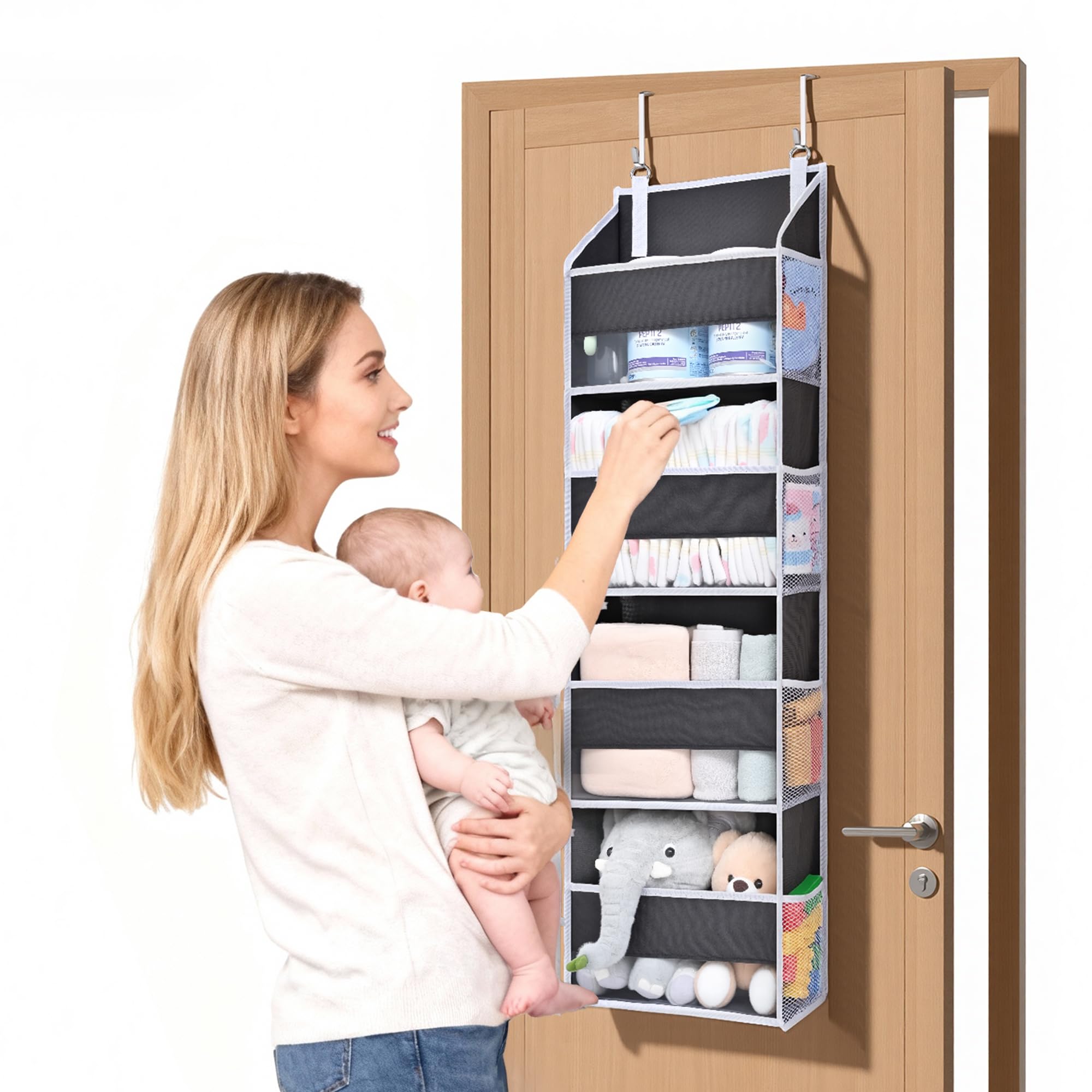 1 Pack Small Over Door Organizer with 4 Large Pockets 8 Mesh Side Pockets