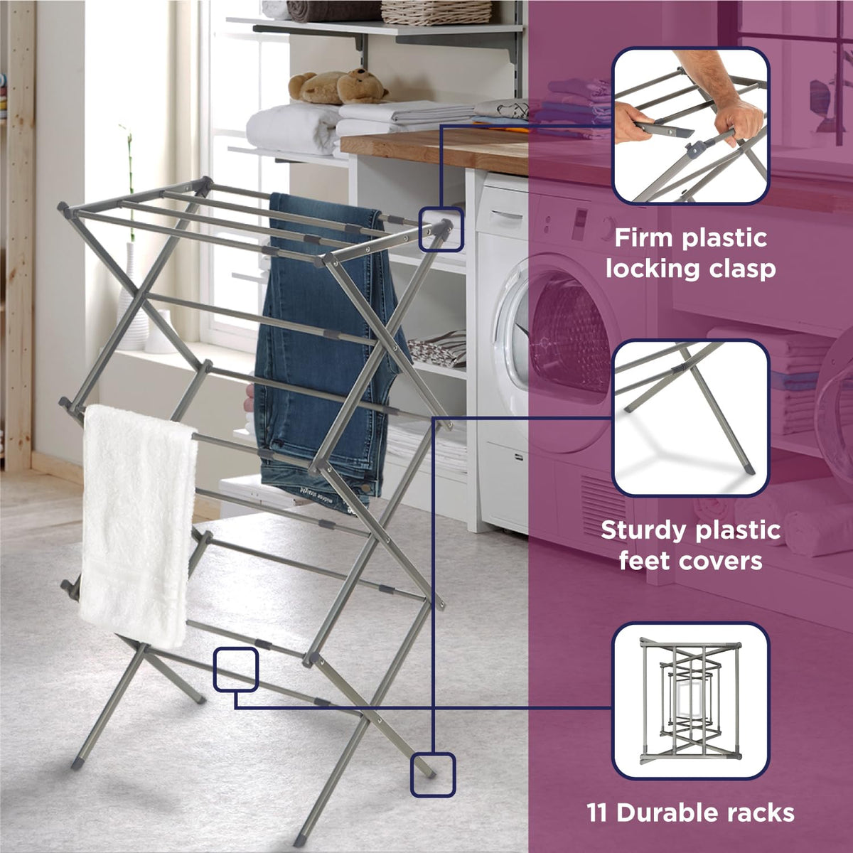 3 Tier Expandable Collapsing Foldable Laundry Rack for Air Drying Clothing