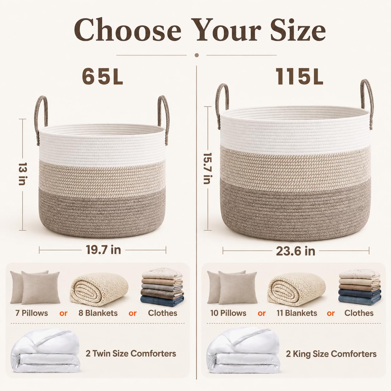 65L Extra Large Machine Washable Cotton Rope Blanket Basket