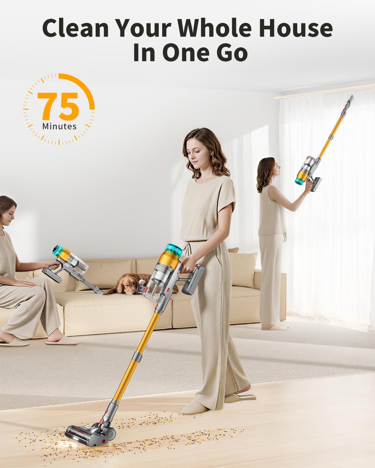 Cordless Vacuum Cleaner for Home 600W 60Kpa Upgraded Powerful Stick Vacuum Up to 75Mins