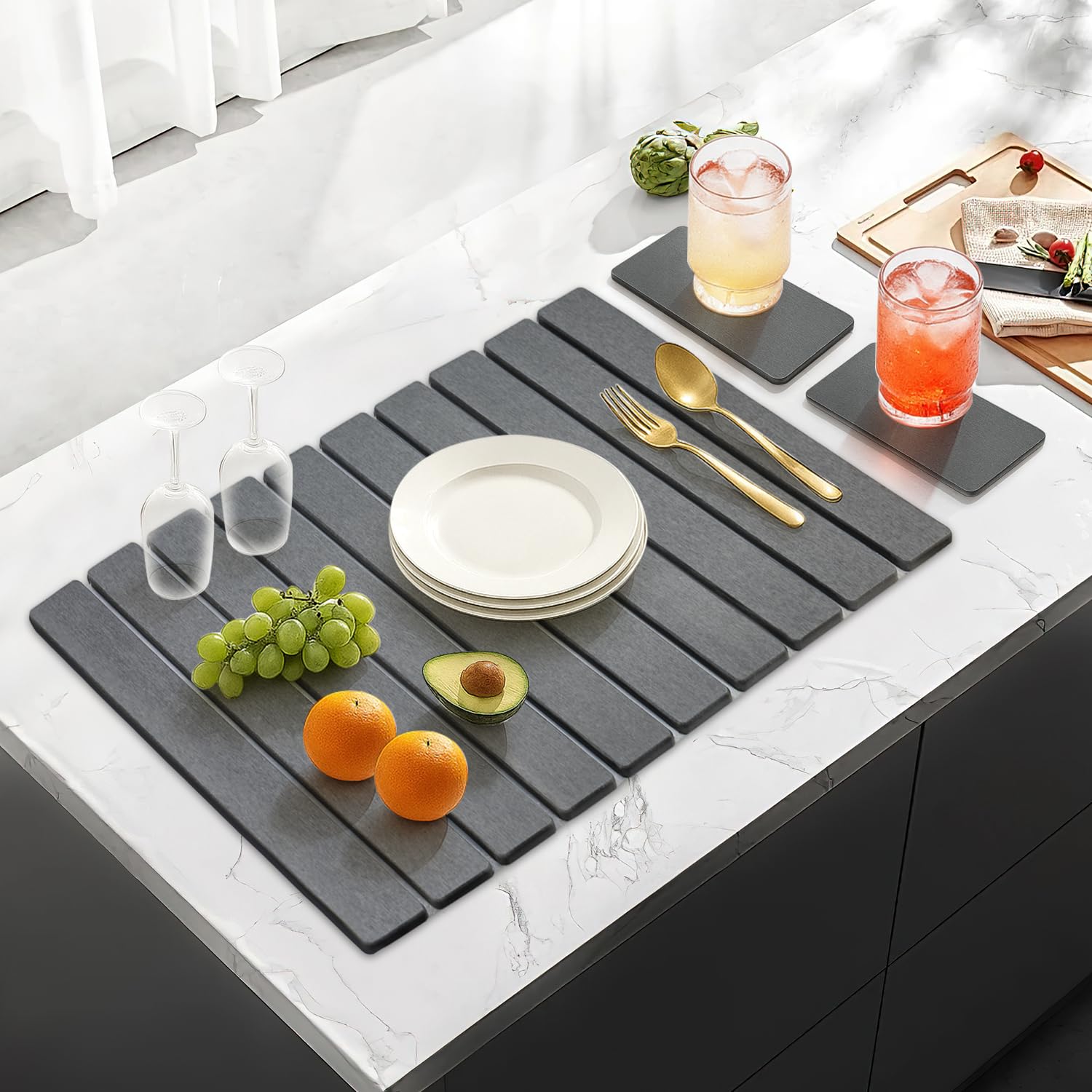 3Pcs Water Absorbing Stone Drying Mats for Kitchen Counter Diatomite Dish