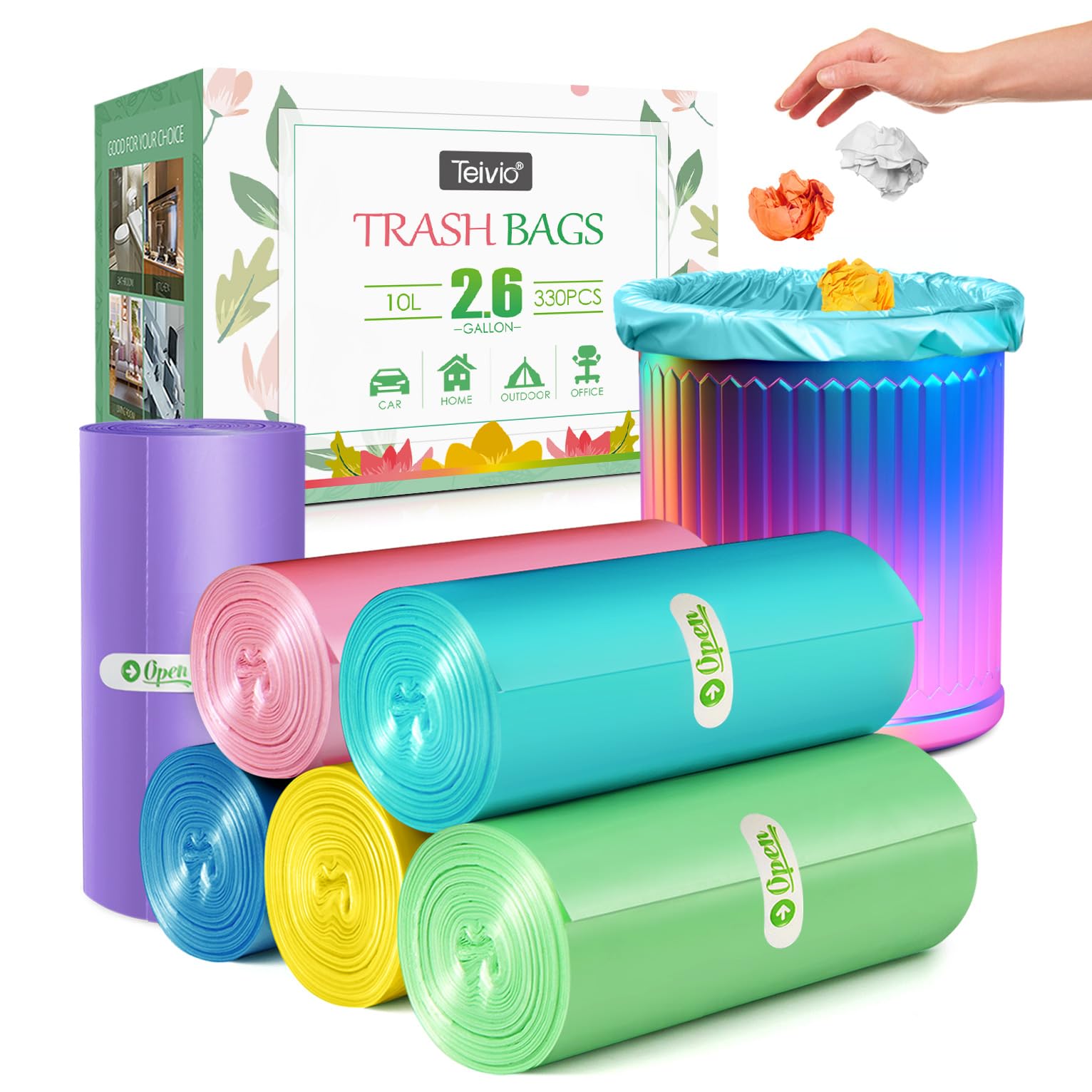 2.6 Gallon 330pcs Strong Trash Bags Colorful Clear Garbage Bags by Teivio (330 Count)