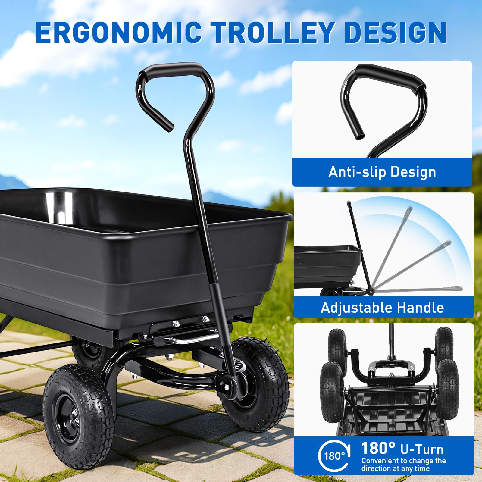 Garden Carts 900lbs Dump Wagon with All Terrain Inflatable Wheels for Yard Lawn Farms Gardening