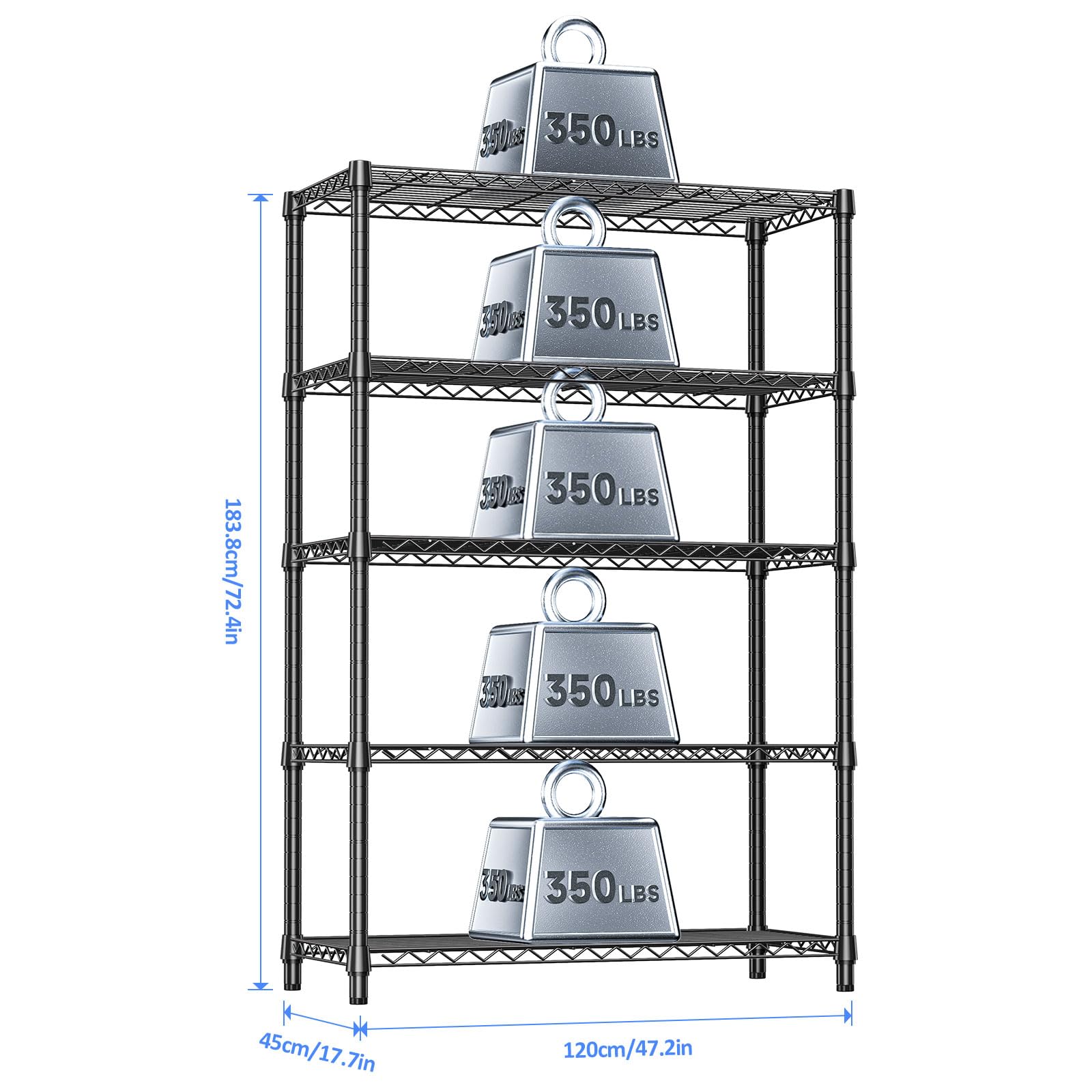 5 Tier 72"in Height 1750 LBS Garage Steel Wire Shelving for Pantry