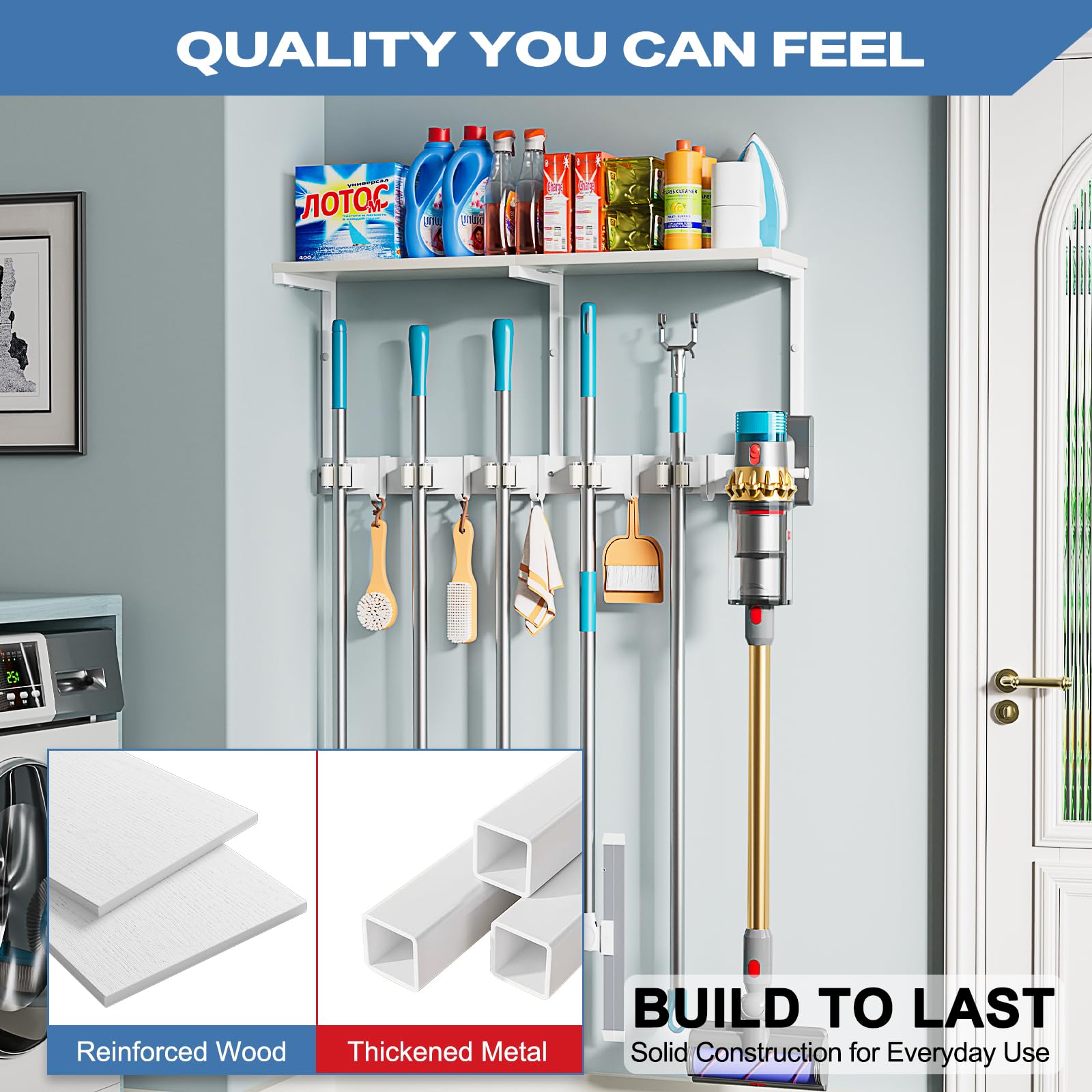 Broom Holder Wall Mount with Cleaning Supplies Organizer