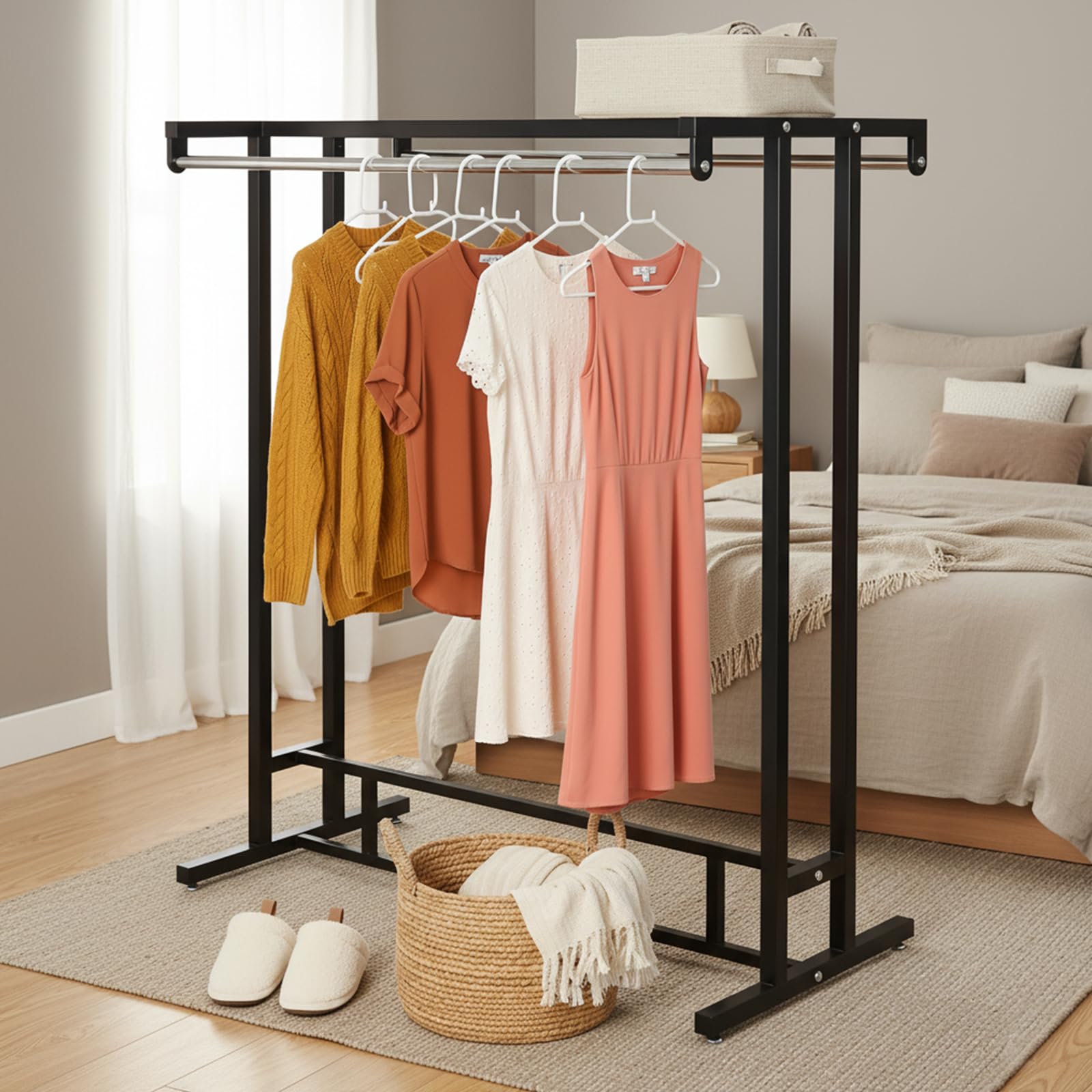 Black Double Rod Garment Rack with Shelf Freestanding Clothing Stand
