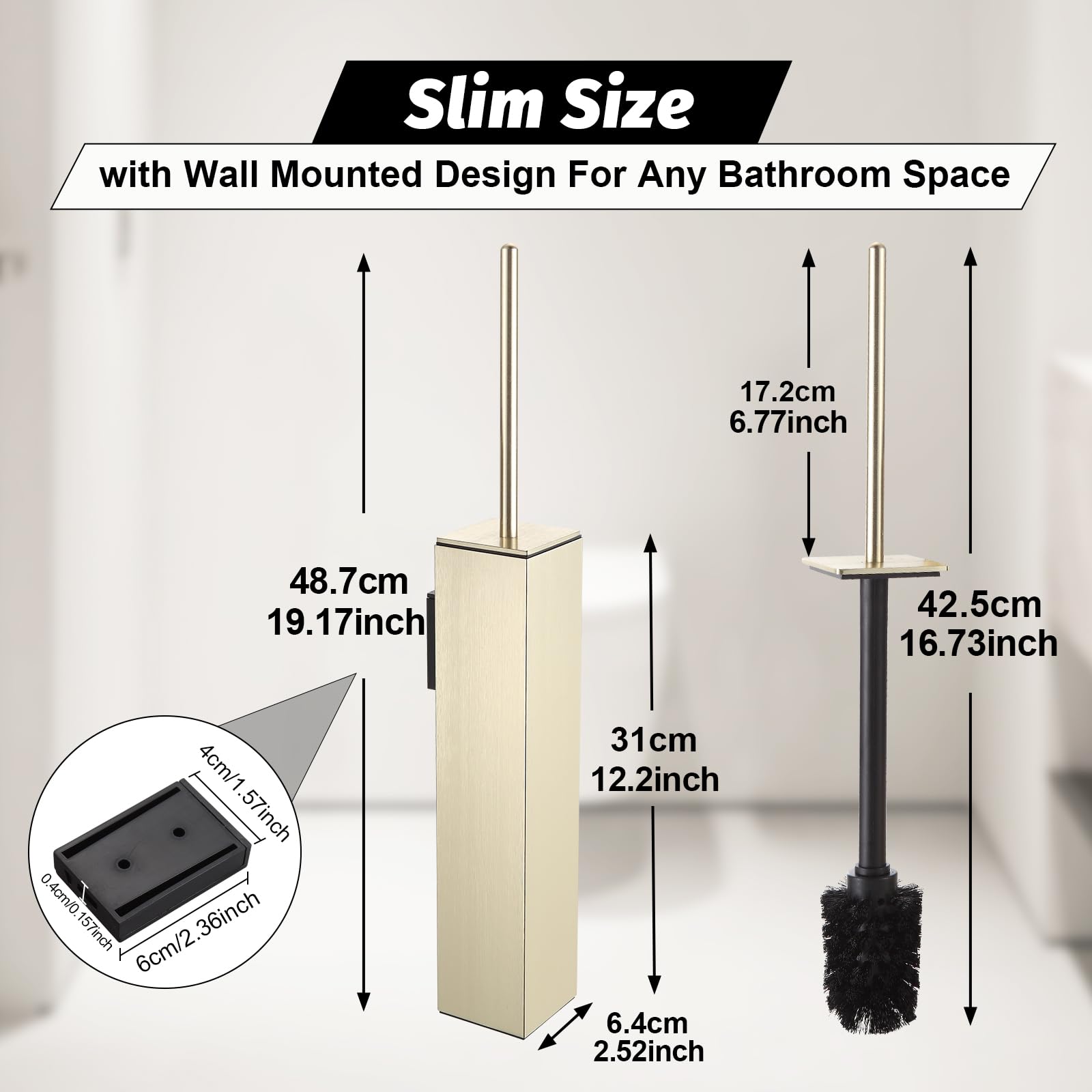 Toilet Brush and Holder Set Brushed Gold Wall Mounted for Bathroom Square Design