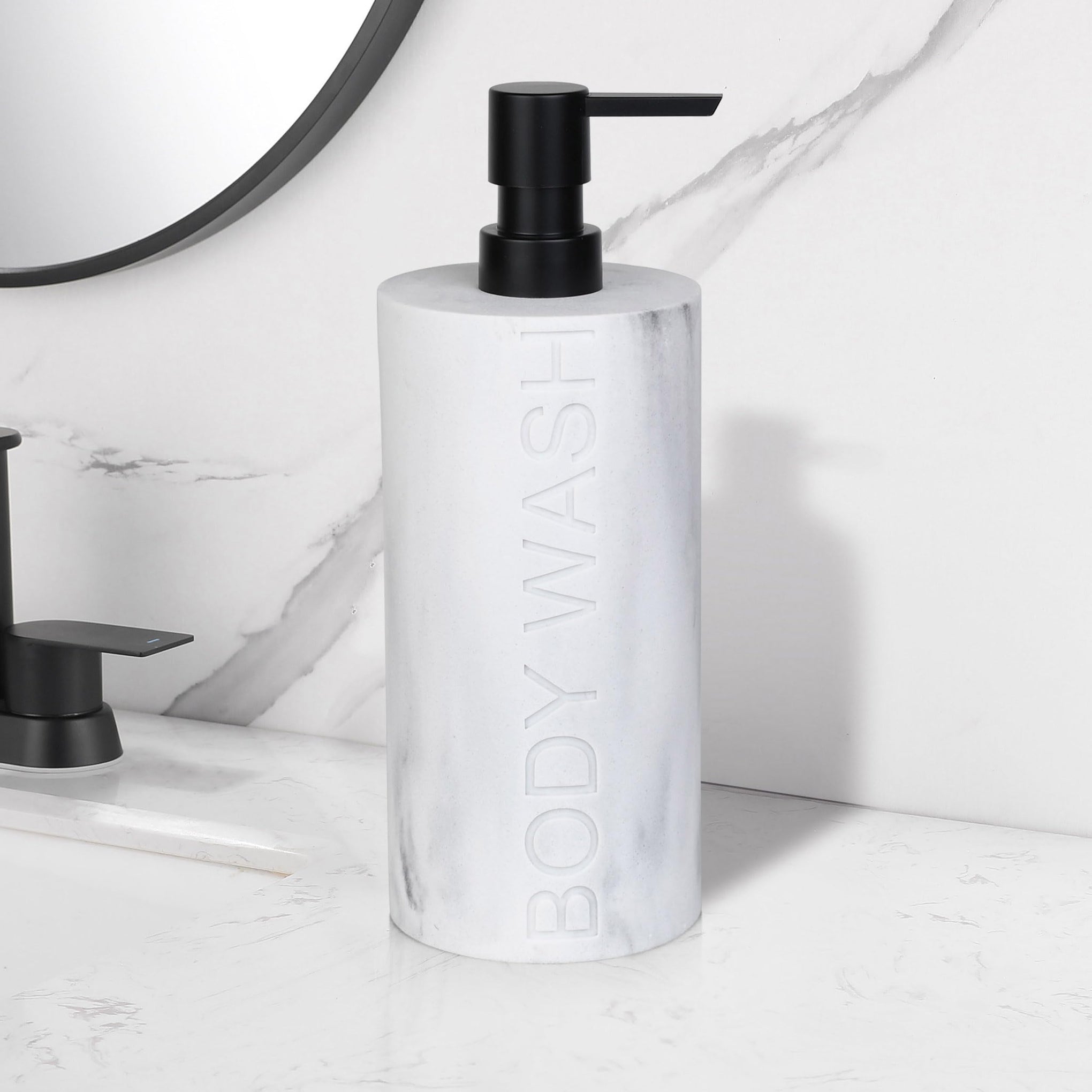 Resin White Marbled Body Wash Engraved Bottle Refillable Pump Dispenser