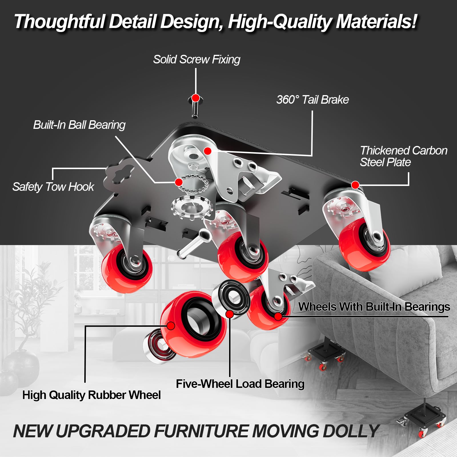 Furniture Dolly 5 Wheels Heavy Duty with Removable Side Guards